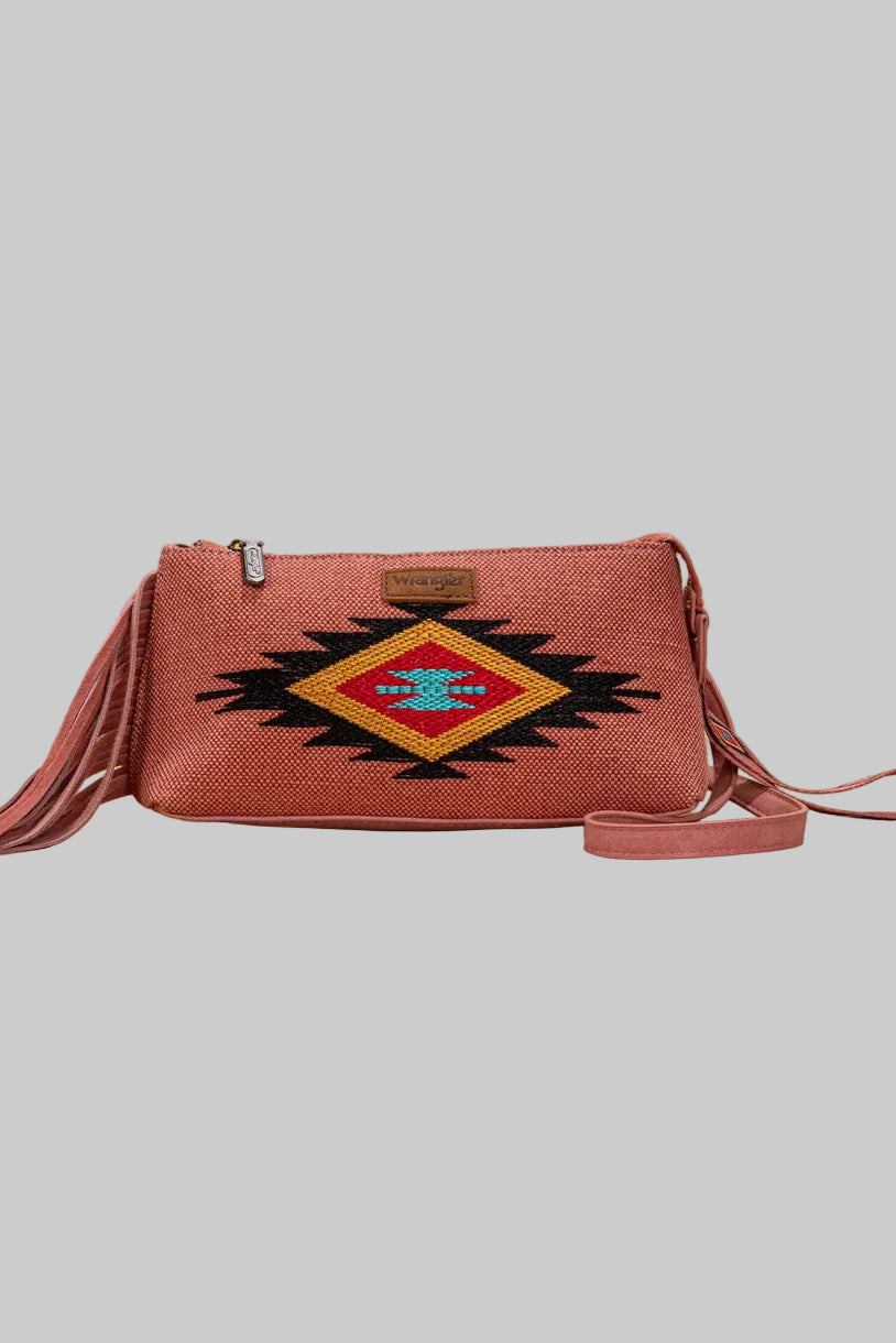 Trestles Clothing Company Western Aztec wristlet and crossbody bag with fringe, canvas, and PU leather trim.